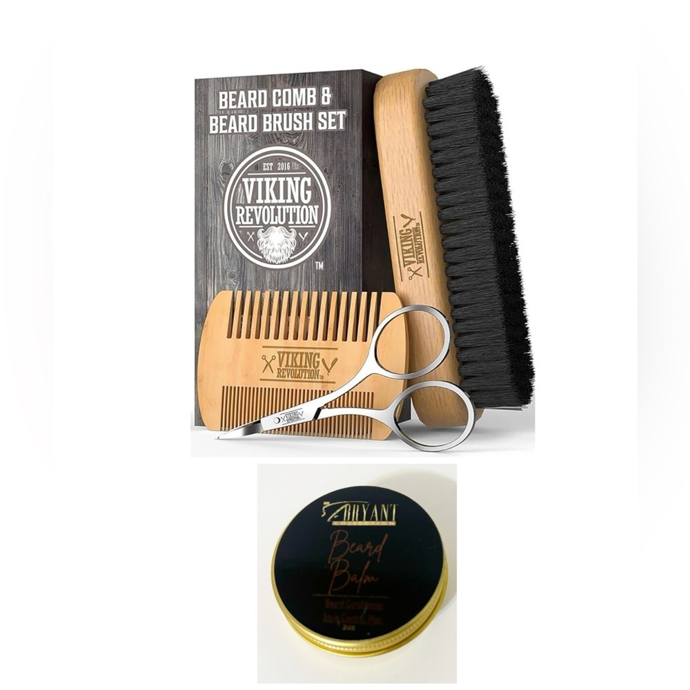 Viking Revolution Beard Comb & Beard Brush Set & Bryant Beard Balm 2oz, NEW